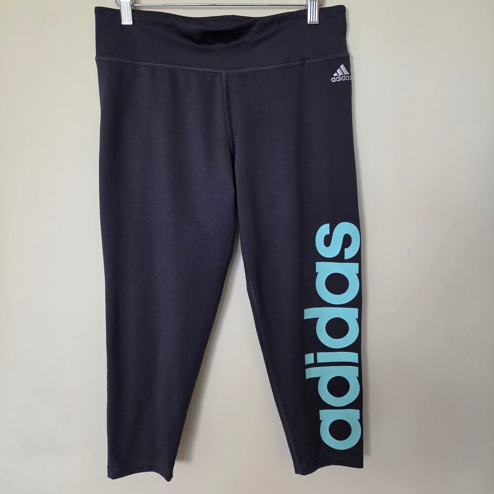 Women's L Adidas Climalite Athletic Capri Leggings Linear Spell Out Logo Black